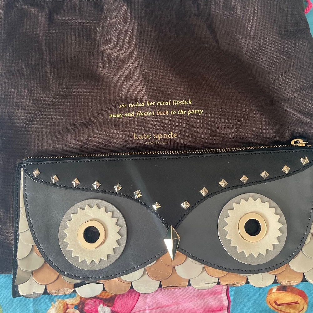 Kate Spade Wise Owl Clutch Bag Purse Metallic/Black Leather 5"X12"